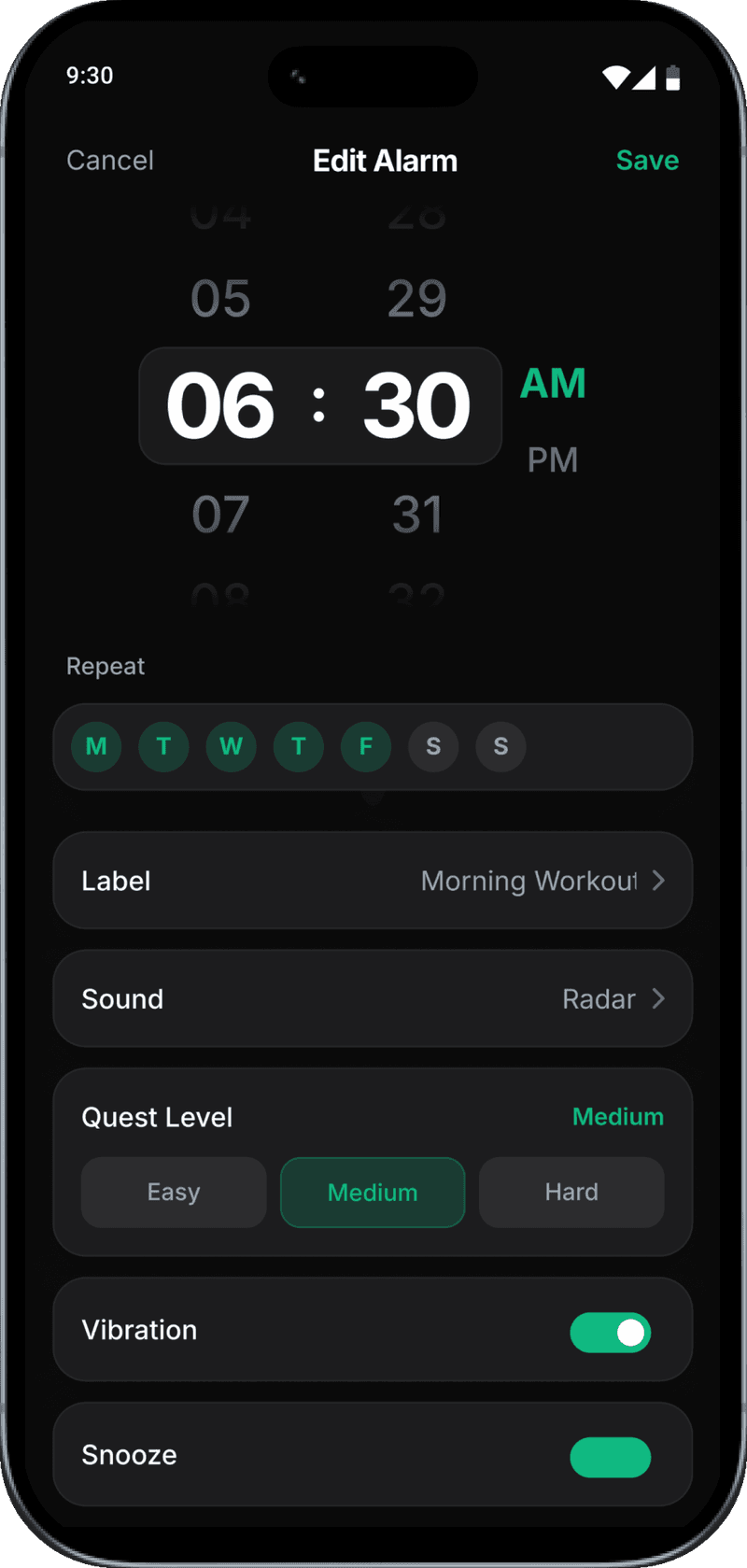 Alarmyx Edit Alarm screen with Quest Level selector